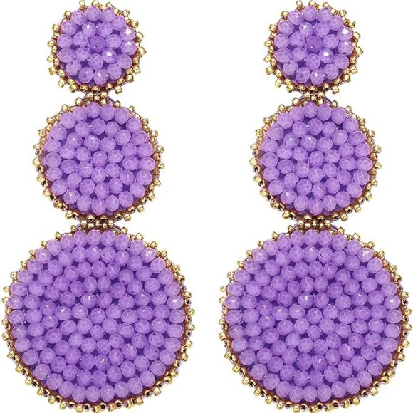 Lavender Beaded Triple Tier Earrings 60s Boho Retro Bohemian Festival Jewelry - Picture 1 of 6
